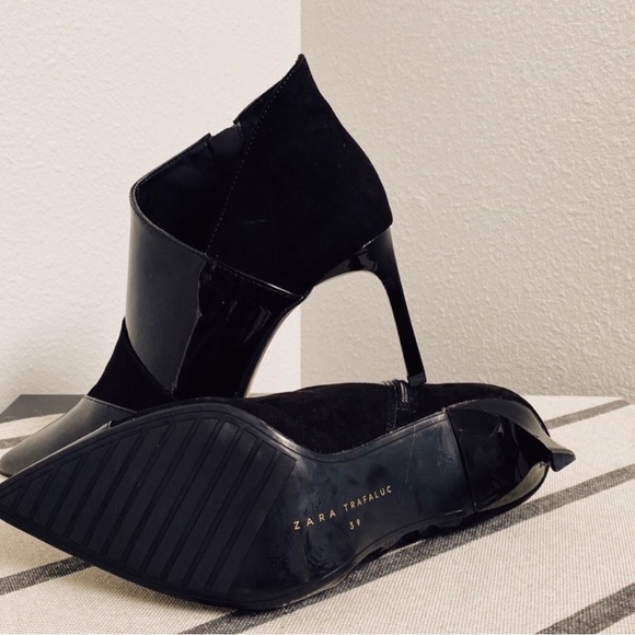 Zara SZ 6.5 NWOB Black Patent Leather Suede Combo High Heel Booties Never Worn - Picture 2 of 12